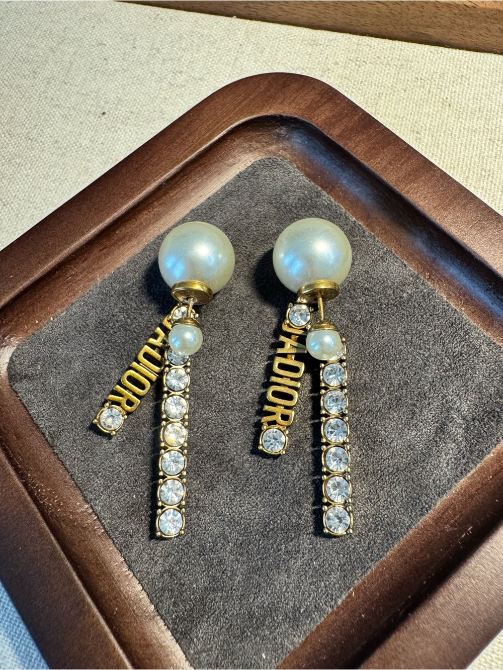 Dior Gold Pearl Drop Earrings with Crystal Strands